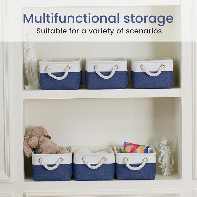 Storage Baskets for Shelves 11.8x7.9x5.2 Inch, Foldable Fabric Storage Bins with Handles, Small Storage Baskets for Organizing Closet, Office, Home Organization (6-Pack, White&Blue)