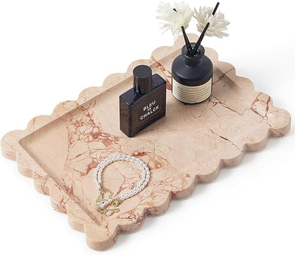 Real Natural Scalloped Marble Tray for Bathroom, Vanity, Kitchen and Desktop, Decorative Stone Tray for Jewelry, Cosmetics, Candles, Lotion, Perfume and Home Décor (Pink, 12" x 8")