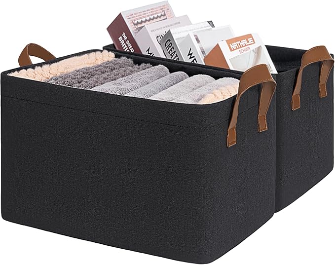 CHICVITA Large Storage Bins for Clothes and Toys, Black Fabric Bin for Living Room, 16 " L x 11" W x 9 " H, 2-Pack