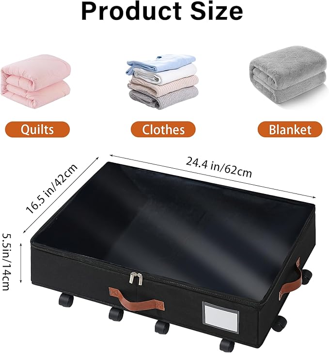 Freebat Under Bed Storage Organizer with Wheels, Underbed Container with Clear Lid Cover, Storage Bag Box with Visiable Window for Clothes, Bedsheet, Pillow, 2 Pack，5.5 inches