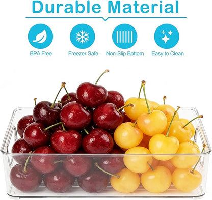 LotFancy Refrigerator Organizer Bins, 4 Pack,10x6x3 in, BPA Free Clear Plastic Storage Bins for Pantry Organization, Stackable Containers with Handles for Fridge, Kitchen Drawer, Freezer, Cabinet