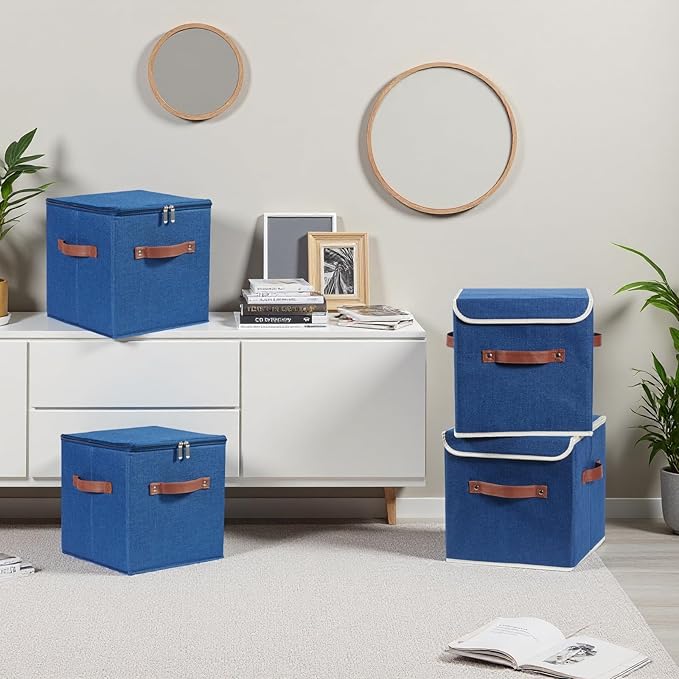 4PCS Storage Cubes with Lid Fabric Bins Boxes PU Leather Handles Cotton Linen Closet Organizer Container Decorative Foldable Washable Shelf Cloth Basket (Flip-top Lid, Deep Blue, 11in)