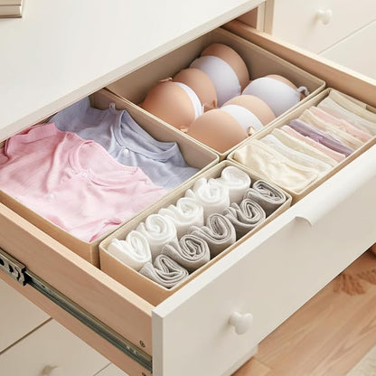 Drawer Organizer Set 4 Pack - Foldable 11" Fabric Storage Bins with Zipper Bottom for Underwear Socks Bras Baby Clothes - Closet Dresser Dividers for Bedroom Nursery, Khaki