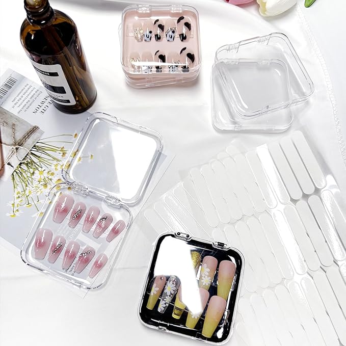 12pcs Press on Nail Storage Box with 60 Pcs Adhesive Double Sided Tape Clear Acrylic Nail Display Box Artificial False Nail Box Organizer Fake Nail Case Transparent Nail Packaging Boxes for Nail Salon