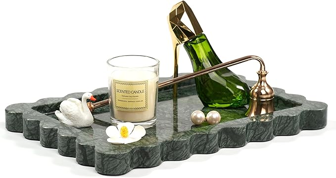Scalloped Green Marble Tray - Large Home Decorative Stone Vanity Perfume Candle Plates for Bathroom Accessories Coffee Table, Key Dish for Kitchen Countertop Entryway (10.6" x 7.4" x 0.8")