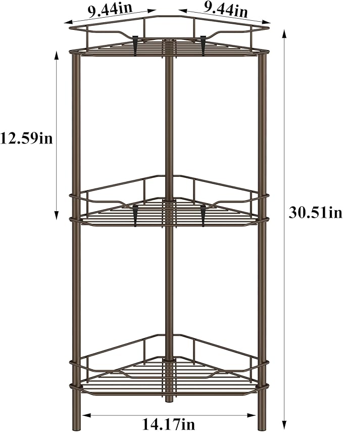 HuggieGems 3 Tier Floor Standing Corner Shower Caddy Organizer Shelf with Hooks, Bathroom Shelves Stand Rack, Bronze