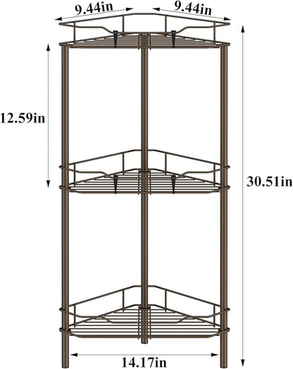 HuggieGems 3 Tier Floor Standing Corner Shower Caddy Organizer Shelf with Hooks, Bathroom Shelves Stand Rack, Bronze