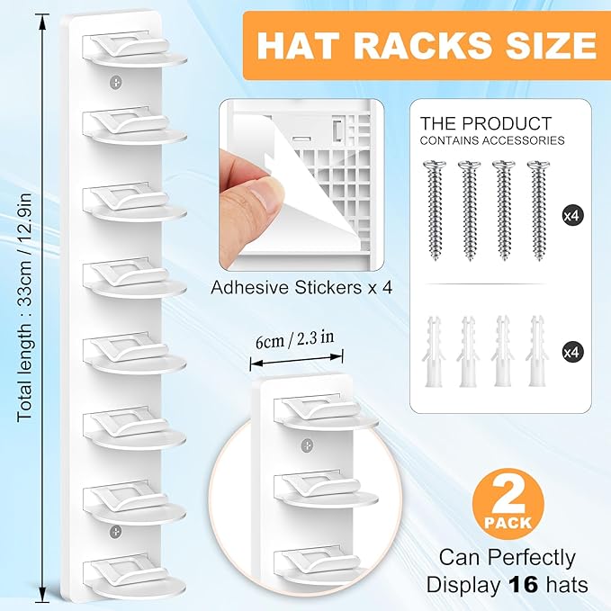 Vocanoe Hat Organizer for Baseball Caps, 2 Pack Hat Rack for Wall Strong Adhesive Hold up to 16 Hats, Multilayer Hat Storage Holder, Wall Mounted Cap Racks for Closet Door and Bedroom (White-2pack)