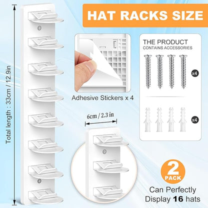 Vocanoe Hat Organizer for Baseball Caps, 2 Pack Hat Rack for Wall Strong Adhesive Hold up to 16 Hats, Multilayer Hat Storage Holder, Wall Mounted Cap Racks for Closet Door and Bedroom (White-2pack)