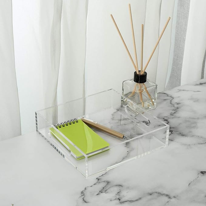 KEVLANG Clear Sturdy Acrylic Tray with Handles-8"x8"x2"H-Countertop Organizer Tray for Kitchen,Bathroom,Office- Storage Box for Cosmetics, Jewelry,Toiletries,Toy,Gadgets