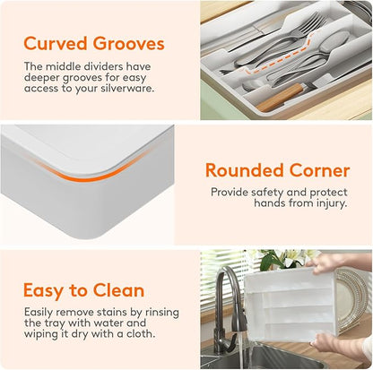 Lifewit Silverware Drawer Organizer Tray, Plastic Cutlery Storage for Kitchen, Flatware and Utensil Holder Divider for Spoons Forks Knives Tableware, 9.5 x 13.4", 5 Slots, White