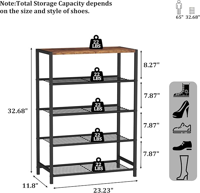 HOMEFORT 5-Tier Shoe Rack, Shoe Storage Shelf with MDF Top Board, Shoe Rack Organizer, Each Tier Fits 3 Pairs, Entryway Shoe Stand with Sturdy Shelves, Rustic Brown