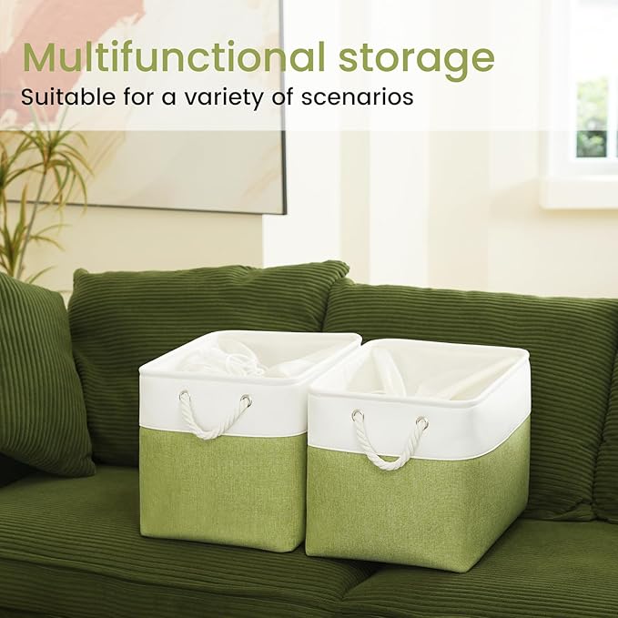 Large Storage Baskets- 16x12x12 inch Storage Bins for Shelves and Closet Organizing, Foldable Fabric Bin for Home Organization Clothes and Laundry (1-Pack, White&Green)