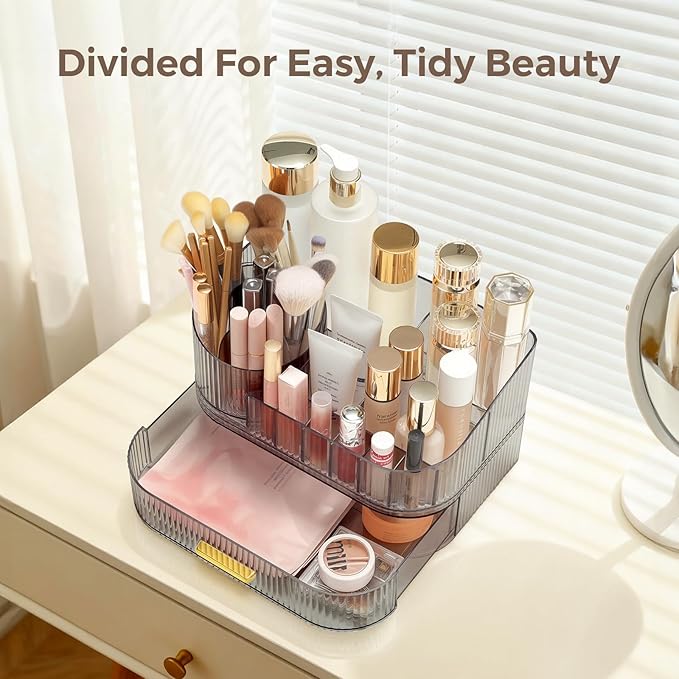 Delamu Makeup Organizer for Vanity with Stackable Drawers, 360 Rotating Makeup Brush Holder Large Cosmetic Display Case, Bathroom Skincare Storage, Crystal Black, Ideal Gifts for Women