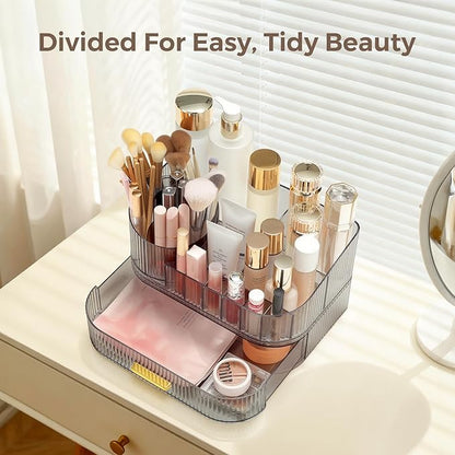 Delamu Makeup Organizer for Vanity with Stackable Drawers, 360 Rotating Makeup Brush Holder Large Cosmetic Display Case, Bathroom Skincare Storage, Crystal Black, Ideal Gifts for Women