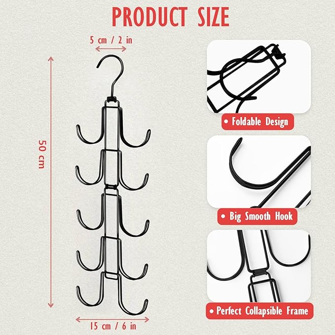 Hat Organizer for Closet, Collapsible Caps Rack with 10 Rotatable Large Hooks, Holds Up to 40 Baseball Caps, Metal Space Saving Hat Hanger for Display, Storage and Closet Organizers, Black
