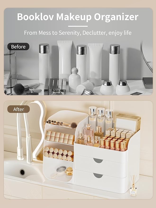 Booklov Makeup Organizer for Vanity, Countertop Cosmetic Display Case with Drawers, Bathroom Counter Beauty Caddy, Comfyroom Table Storage Holder for Skincare, Brush Eyeliner Eyeshadow Lipstick, White