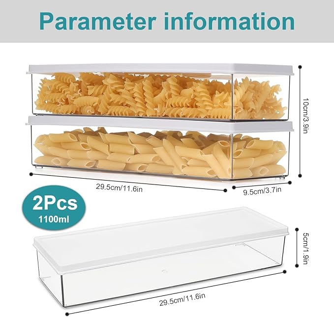 2 Pack Airtight Pasta Containers with Lid, 1.1L Spaghetti Noodle Food Storage Box, Clear Rectangular Cereal Canister for Kitchen Pantry, Plastic Stackable Food Organizer for Fridge