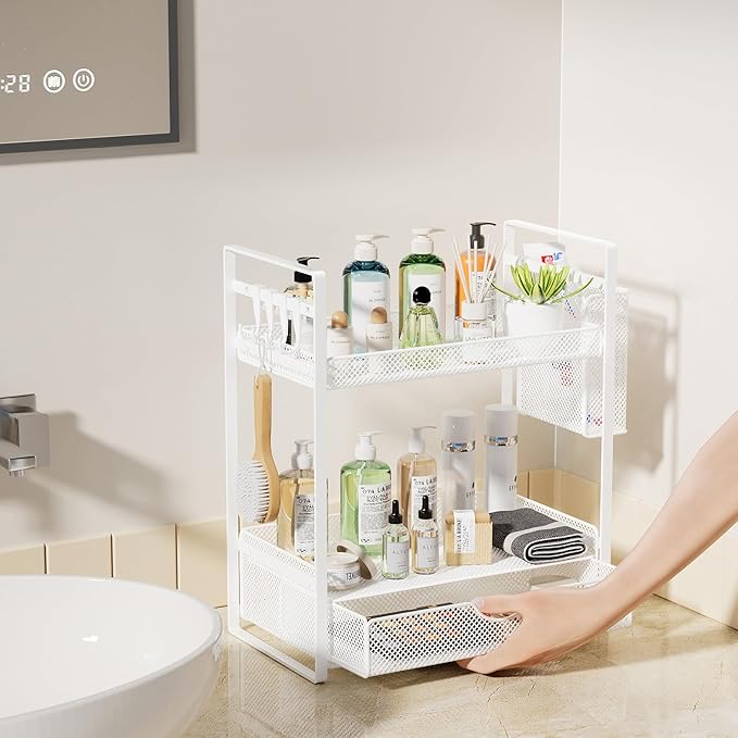 VITVITI 2 Tier Bathroom Organizer Countertop with Drawer, Metal Mesh Bathroom Counter Vanity Organizer Storage, Bath Room Shelf Sink Kitchen Spice Rack with Basket Hooks, White