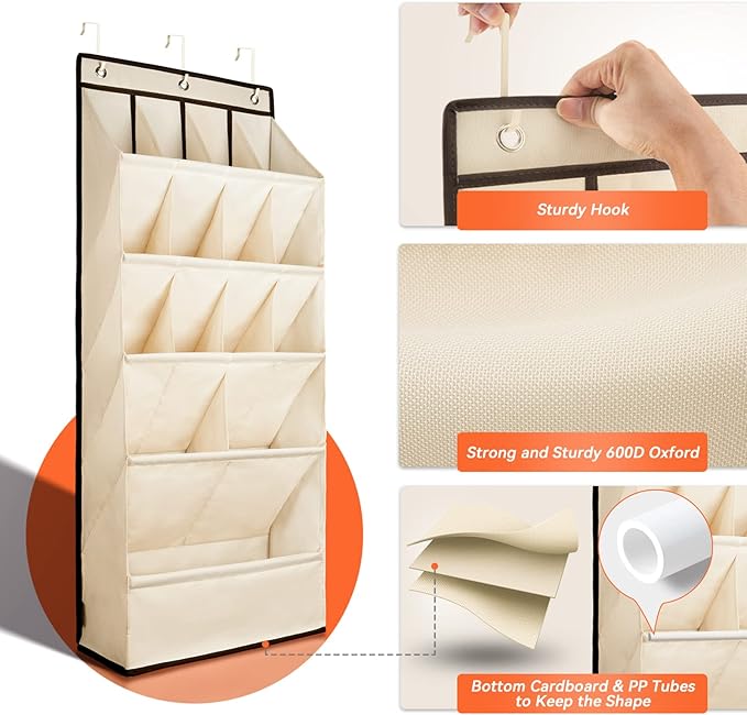 FENTEC 1 Pack Over the Door Shoe Organizers, Hanging Shoe Organizer with Large Deep Pocket Shoe Holder for Closet Shoes Rack for Wall, Over Door Shoe Storage Hold up to 18 Pairs Shoes, Beige