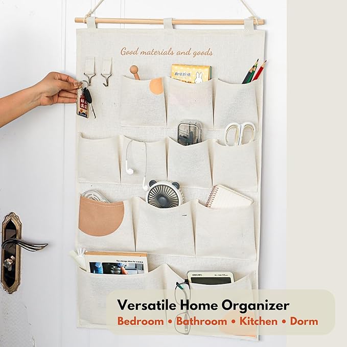 Wall Hanging Organizer with Pockets, Over Door Storage Organizer with Wooden Rod, Multi Pocket Fabric Wall Organizer for Bedroom Bathroom Closet Door, Space Saving Hanging Storage Bag (12)
