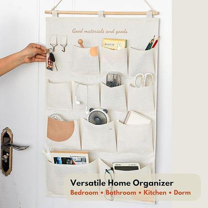 Wall Hanging Organizer with Pockets, Over Door Storage Organizer with Wooden Rod, Multi Pocket Fabric Wall Organizer for Bedroom Bathroom Closet Door, Space Saving Hanging Storage Bag (12)