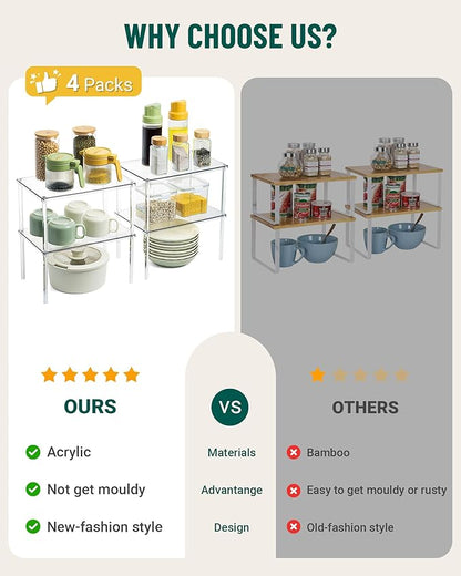 Bobomoment Acrylic Cabinet Organizer, Set of 4 Spice Rack Organizer for Cabinet, Desk Countertop Shelf Organizer, Pantry Kitchen Storage and Organization, Stackable Shelves House Essentials for Gift