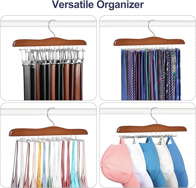 TOPIA HANGER Tie Rack Hanger for Closet, Wooden Tie Organizer for Men with 24 Folding Hooks, Space Saving Necktie Holder for Storage and Display Bra, Tank Top, Camisole (1-Pack), Walnut- CT14WA