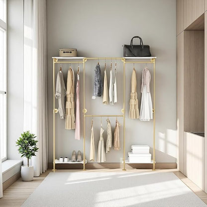 KaKaBB Industrial Pipe Clothing Rack with Shelves, Wall Mounted Gold Corner Clothes Rack, Adjustable Closet System for Walk in Closets, Heavy Duty Metal Garment Organizer (73" W x 84" H)