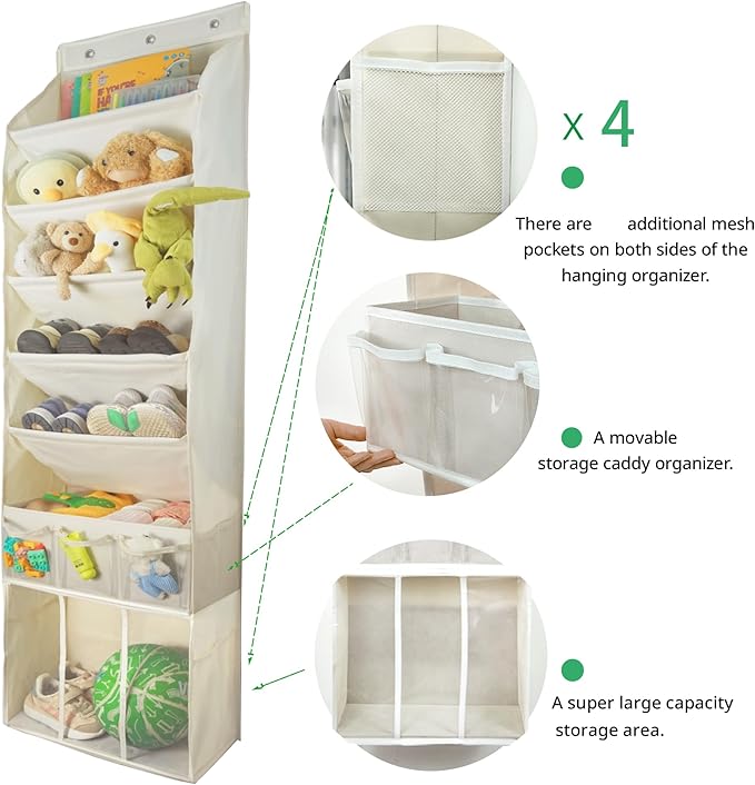 3in1 Over The Door Shoe Organizer with 5 Slanted Compartments,Removable Storage Bin & Transparent Pockets,Thickened Waterproof Oxford Fabric Shoes Rack for Shoes,Boots,Toys,Daily Essentials. (Beige)