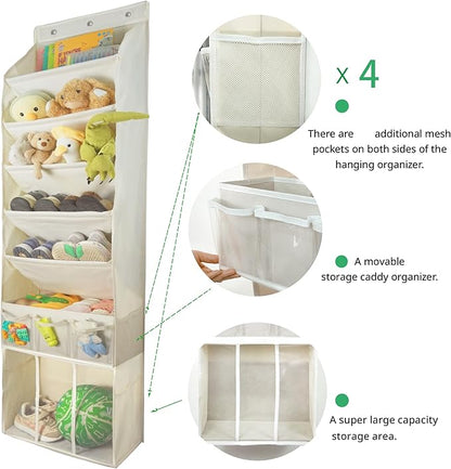 3in1 Over The Door Shoe Organizer with 5 Slanted Compartments,Removable Storage Bin & Transparent Pockets,Thickened Waterproof Oxford Fabric Shoes Rack for Shoes,Boots,Toys,Daily Essentials. (Beige)