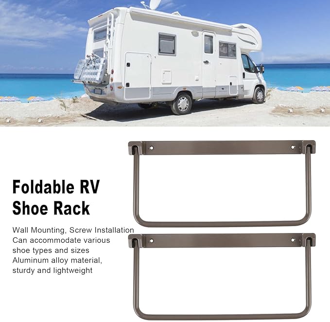 Cyrank Wall Mounted Shoe Storage Rack, Foldable RV Shoe Rack Space Saving Hanging Organizer Aluminum Alloy in Camping RV Travel (Brown)