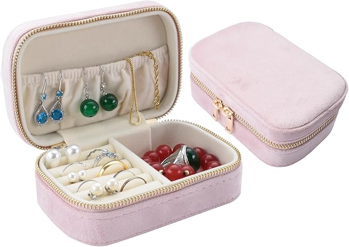 Small Travel Jewelry Case for Women - Plush Velvet Portable Organizer, Holds 20+ Bracelet/Necklace/Earrings/Rings, Giftable Storage Display Box Zipper, Mother/Bridesmaid/Girlfriend Gift (Pink)