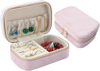 Small Travel Jewelry Case for Women - Plush Velvet Portable Organizer, Holds 20+ Bracelet/Necklace/Earrings/Rings, Giftable Storage Display Box Zipper, Mother/Bridesmaid/Girlfriend Gift (Pink)