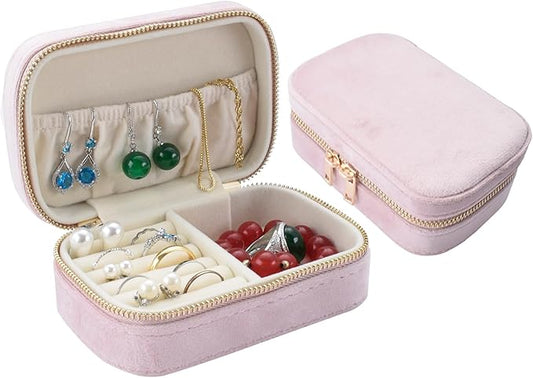Small Travel Jewelry Case for Women - Plush Velvet Portable Organizer, Holds 20+ Bracelet/Necklace/Earrings/Rings, Giftable Storage Display Box Zipper, Mother/Bridesmaid/Girlfriend Gift (Pink)