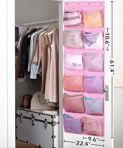 KIMBORA 12 Large Mesh Pockets Over the Door Shoe Organizer for Closet Hanging Shoe Rack for Door Sneaker Hanger Boot Storage for Kids, Baby, Toddler, Girl, Pink