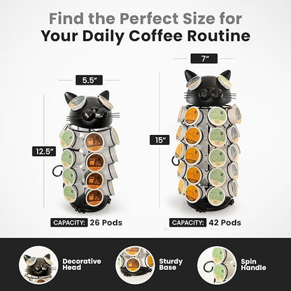 Made Easy Kit Carousel 360 Coffee Pod Holder, Compatible with Keurig K-Pods K-Cups, Countertop Rack Storage Organizer, Metal Home and Kitchen Decor, Capsule Café Station Bar (Small, Black Cat)