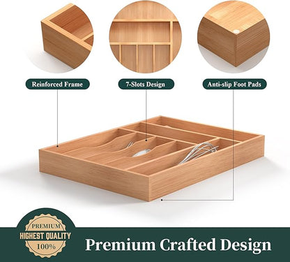 Bamboo Silverware Organizer, Kitchen Drawer Organizer, Utensil Holder, Cutlery Tray & Spoon Flatware Storage with Grooved Drawer Dividers (12.5''W x 16.5''D)