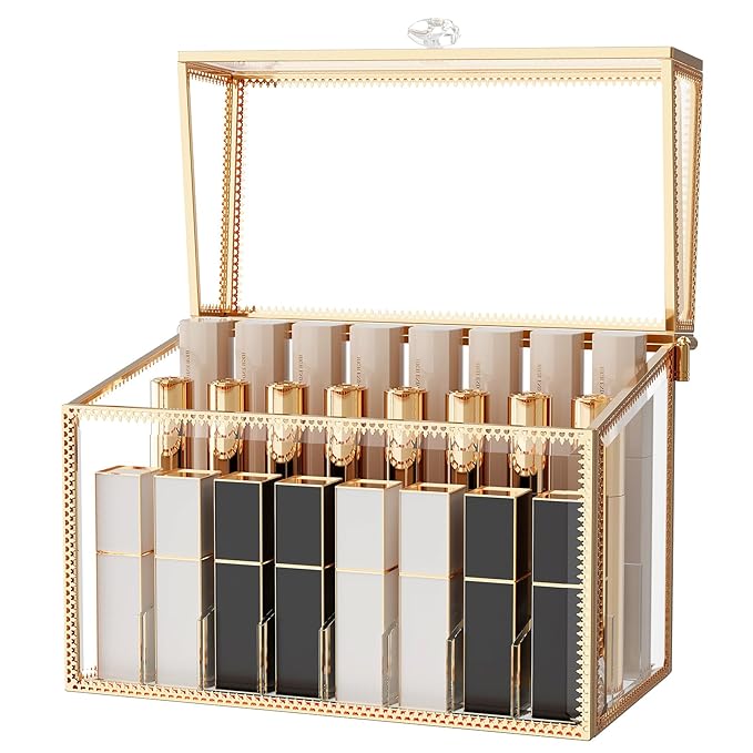 Youdepot Lipstick Organizer Holder - 24 Spaces, Tempered Glass Lip Gloss and Perfume Organizer,Vanity Lipstick Holder and Organizer.
