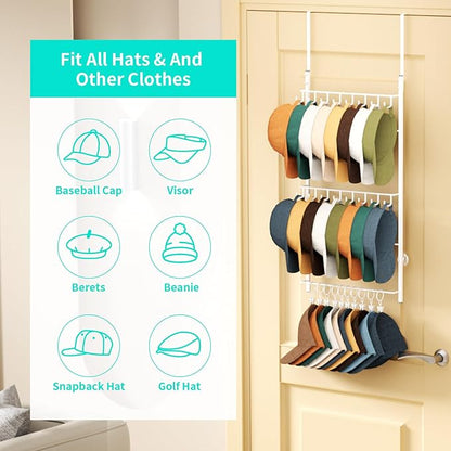 HapiRm Over Door Hat Rack - 3 Tier Wall Mounted Hat Organizer with 16 Hooks and 10 Movable Clips, Baseball Cap Organizer Storage Holds up to 26 Caps for Door, Bedroom, Closet USPTO Patent Pending
