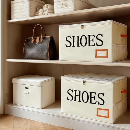 Amyhill Shoe Organizer for Closet Fits 16 Pairs Fabric Large Foldable Shoe Storage Box with Handles and Clear Cover Mesh Bags Printed SHOES Text for Closet Organizer Sneakers Heels Slippers