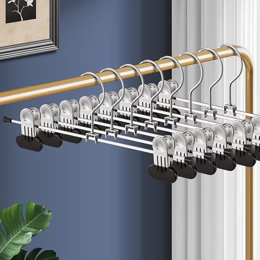 Pants Hangers with Wide Clips 100 Pack Adjustable Skirt Hangers for Women Non-Slip Clothes Hanger for Pants Heavy Duty Space Saving Trousers Hanger for Jeans,Shorts Black,12Inch