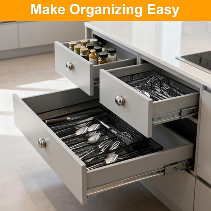 2 Pcs Utensil Drawer Silverware Organizer, Metal Mesh Expandable 13" ~24" Kitchen Drawer Organizer, 7-9 Slots Cutlery Tray Dividers for Kitchen Flatware Christmas Housewarming Gift (Black)
