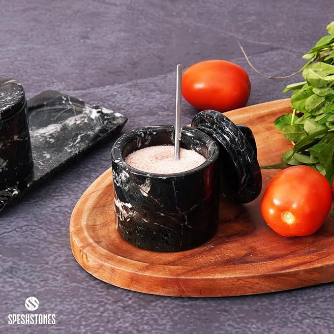 Marble Salt Cellar Black 4 Inch Salt Jar with Lid, Table Salt Containers for Countertop, Salt Dish, Salt Holder, Spice Jars, Sugar Bowl, Seasoning Container Set of 2, Salt Dispenser