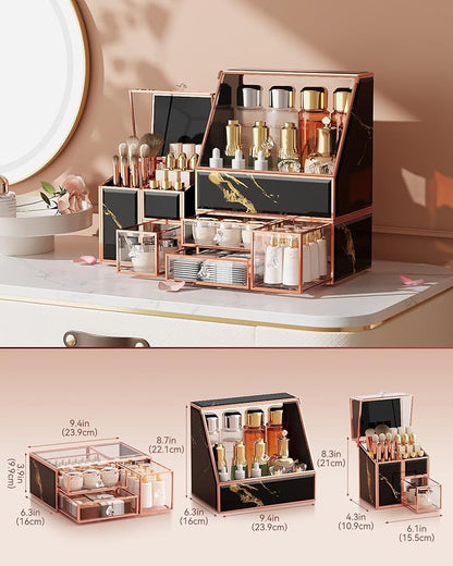 CoralHouse Makeup Organizer Black,Glass Vanity Organizer for Skincare, Perfume, Brushes & Lipsticks – Countertop Makeup Storage Box for Women, Bathroom or Dresser