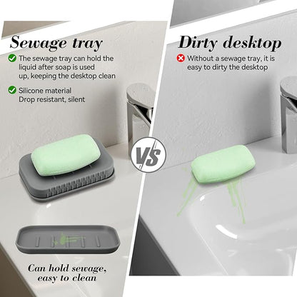 2-in-1 Silicone Soap Holder & Brush Set with Built-in Soap Saver Compartment, Includes a Leak-Proof soap Tray+Brush, Unbreakable&Noise-Free, Soap Dish with Soft Brush, Brush with Soap Dish(Dark Grey)