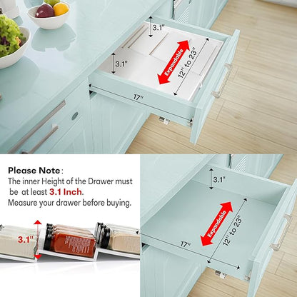 Bamboo Spice Drawer Organizer, (Need 3.1” Deep Drawer) Expandable 4 Tier Spice Rack for Cabinet (From 12" to 23" Wide), Seasoning Storage Insert, Spice Organizer for Drawer,Jars Not Included