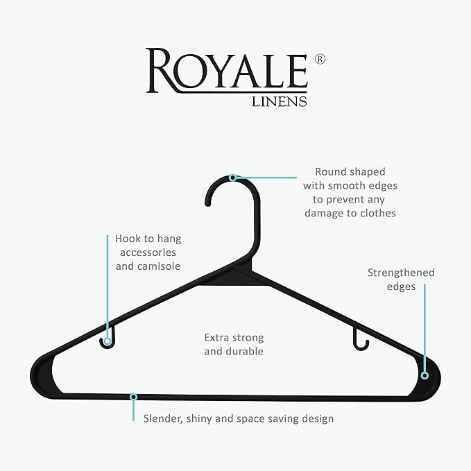 Royale Linens Plastic Hangers 40 Pack - Black Clothes Hanger with Hooks – Heavy Duty Space Saving Coat Hangers Ideal for Everyday Use for Tops, Skirt, Dress, Shirts, Pants