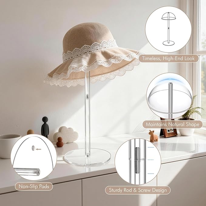 2-Pack Hat Stand for Baseball Caps, Clear Acrylic Dual Desktop Display Holders with Dome Support, Ideal for Bedroom, Closet, Entryway or Retail Showcase
