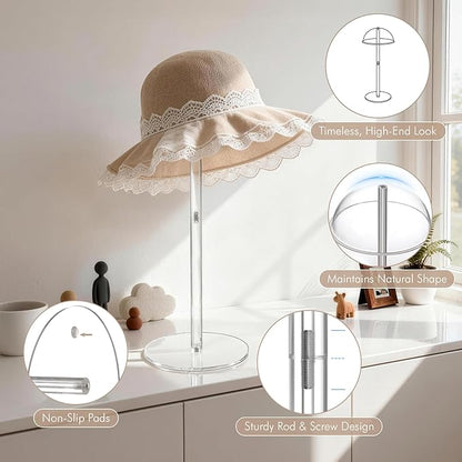2-Pack Hat Stand for Baseball Caps, Clear Acrylic Dual Desktop Display Holders with Dome Support, Ideal for Bedroom, Closet, Entryway or Retail Showcase